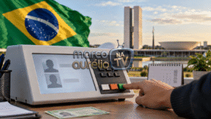Urna eletrônica com bandeira do Brasil e Congresso Nacional ao fundo nas eleições de 2026